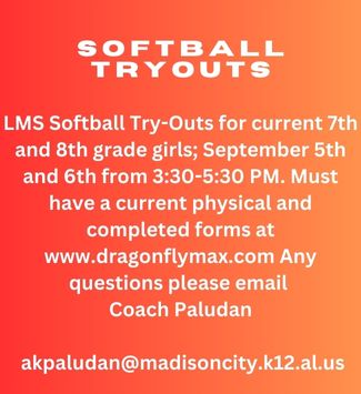  Softball tryouts September 5 and 6
